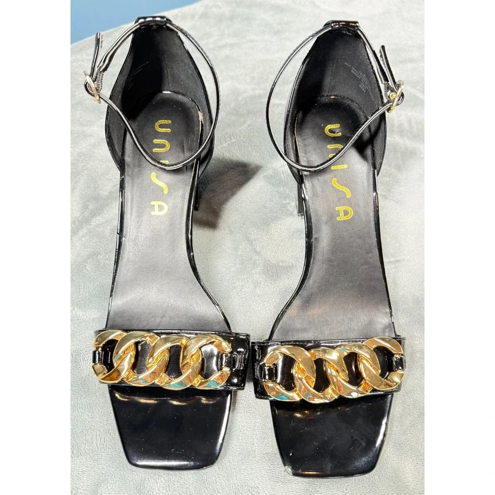 Unisa Undallie Sandals Womens 8.5 Black Patent Gold Chain Ankle Strap Heels